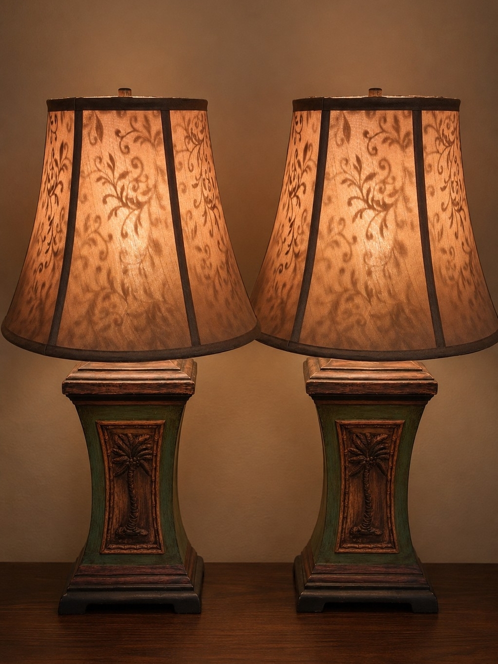 Classic Pair of Green and Brown Table Lamps